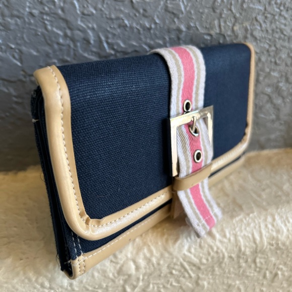 Adorable Navy Vachetta Trim Buckle Wallet Clutch With Pink White Striped Design - Picture 4 of 11